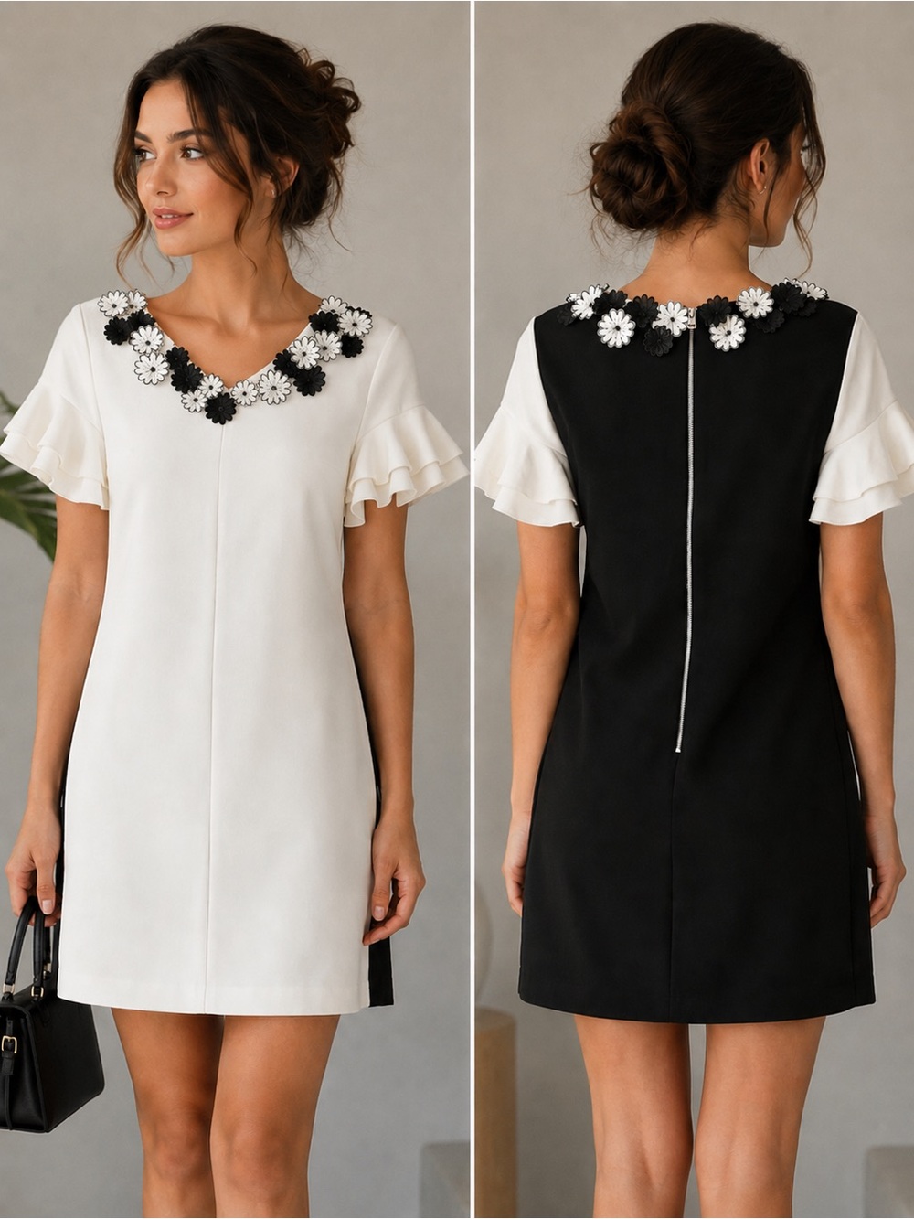 PORTS 1961 Black White Floral Appliqué Shift Dress Size 4 Designer Ruffle Sleeve